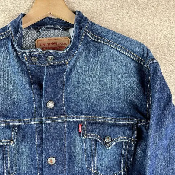 Levis Jacket Mens Extra Large Easy Rider Denim Medium Wash Trucker XL Biker Logo - Picture 5 of 16
